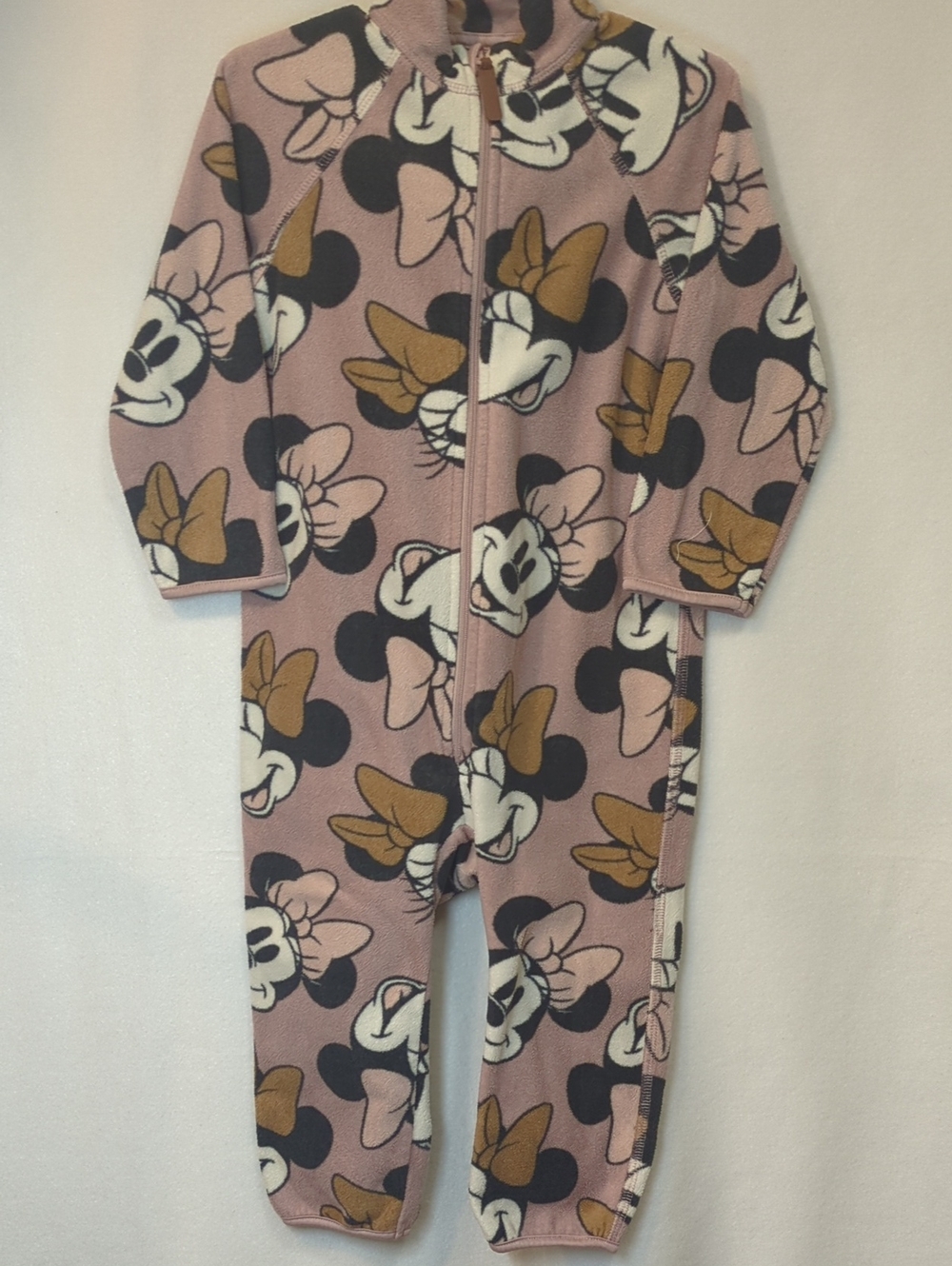 H&M Pink Minnie Mouse Fleece One-Piece Footie with Brown and Black Accents